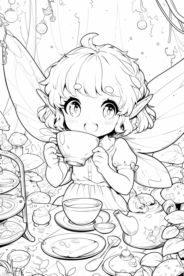 Cute forest fairy holding a teacup, cartoon fairy tale style — free printable afternoon tea coloring book page