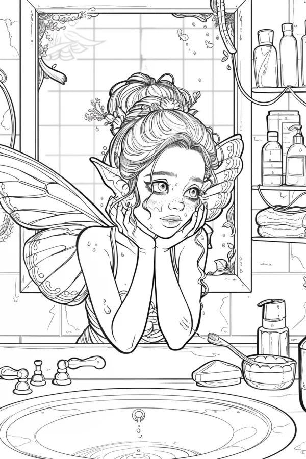 Fairy girl in bathroom, cartoon style — free printable daily coloring book page