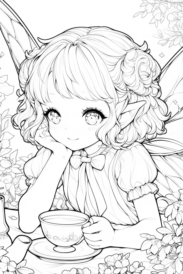 Cute elf girl having afternoon tea, japanese cartoon illustration style — free printable afternoon tea coloring book page