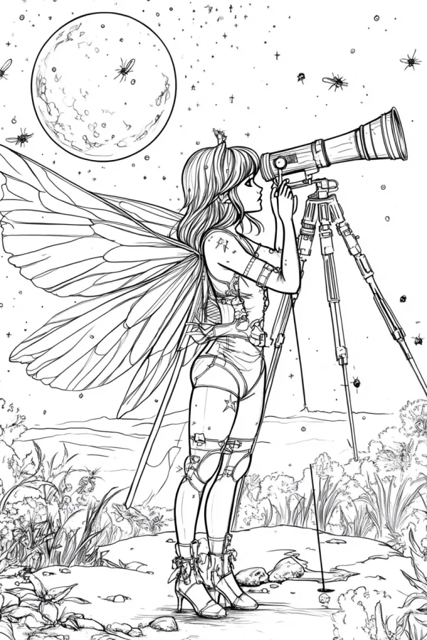 Fairy stargazing with a telescope on tripod, fantasy style — free printable starry sky coloring book page
