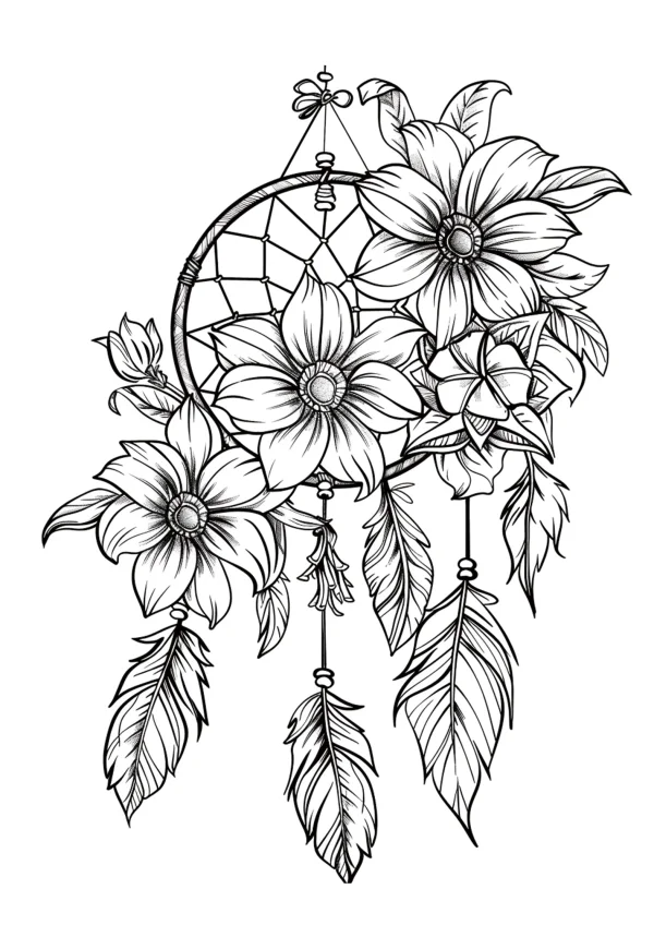 Dreamcatcher decorated with large flowers and buds, native american style — free printable indigenous culture coloring book page