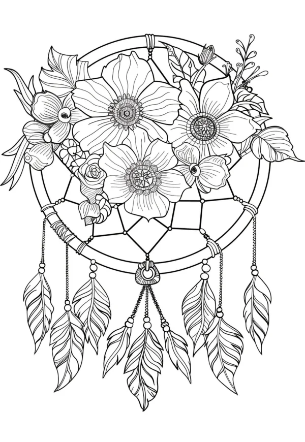 Dreamcatcher decorated with various flowers, roses and leaves — free printable indigenous culture coloring book page