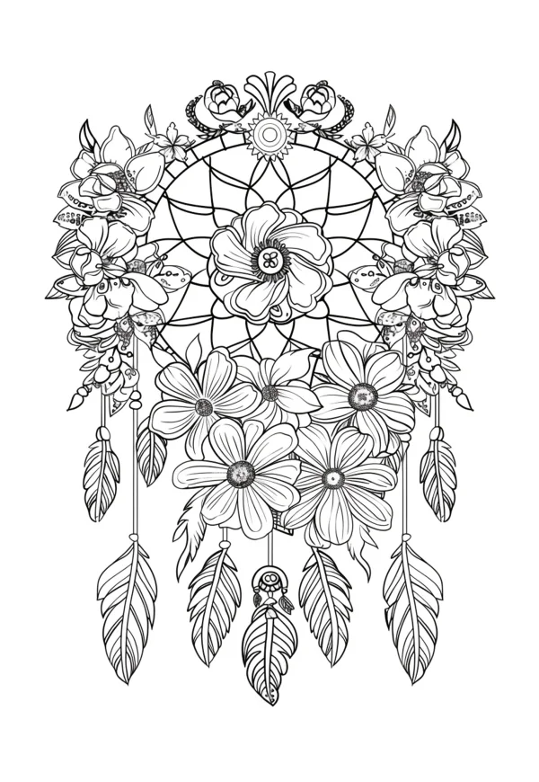 Dreamcatcher decorated with various flowers and feathers, indigenous tribal style — free printable indigenous culture coloring book page