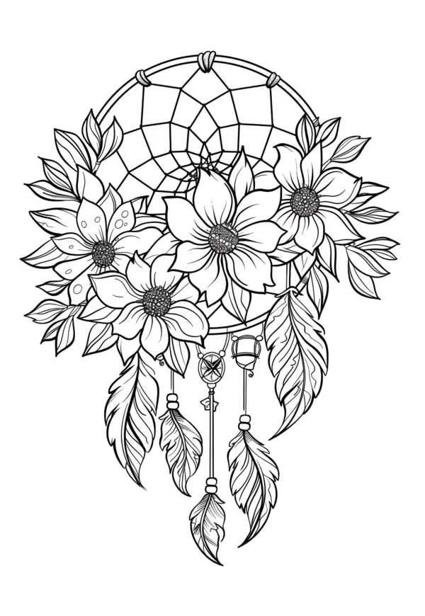Dreamcatcher combined with flowers and feathers, native american tribal style — free printable indigenous culture coloring book page