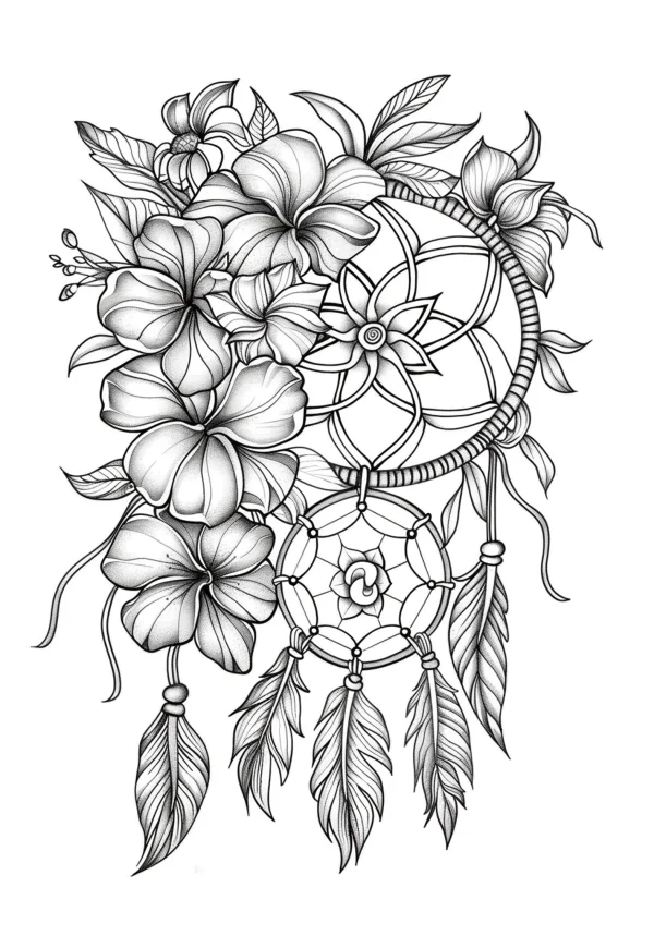 Dreamcatcher decorated with hibiscus flowers and feathers, tribal native style — free printable indigenous culture coloring book page