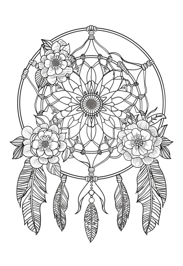 Mandala dreamcatcher decorated with flowers and feathers, bohemian tribal style — free printable bohemian coloring book page