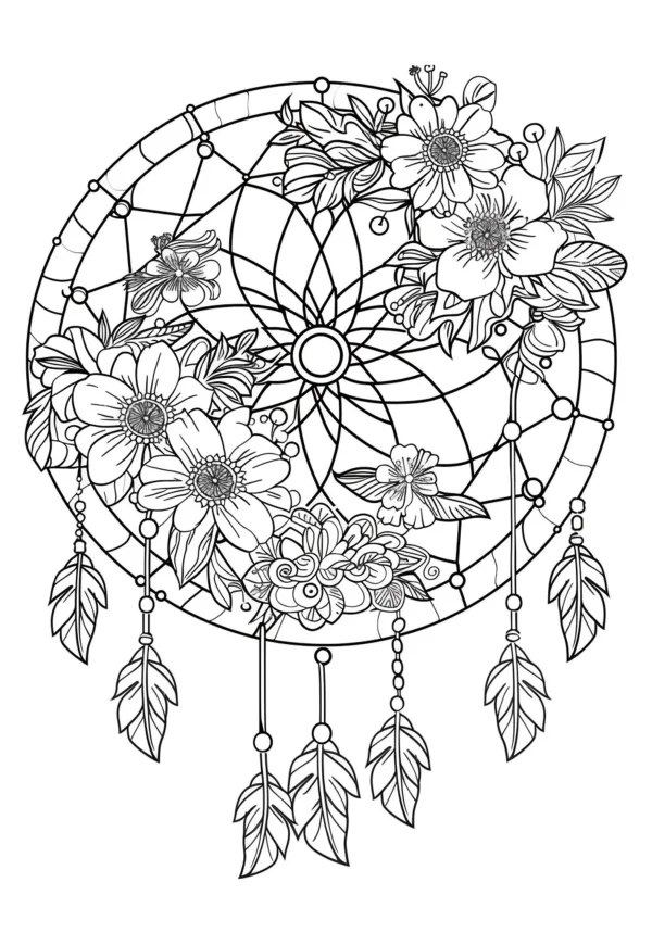 Floral dreamcatcher with intricate flowers and feathers, native american tribal style — free printable indigenous culture coloring book page