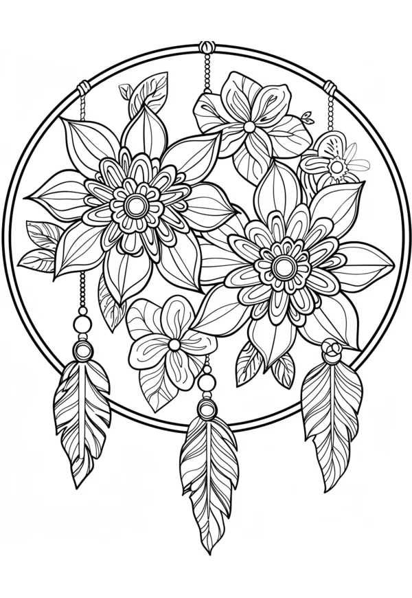 Floral dreamcatcher, tribal style — free printable indigenous culture coloring book page