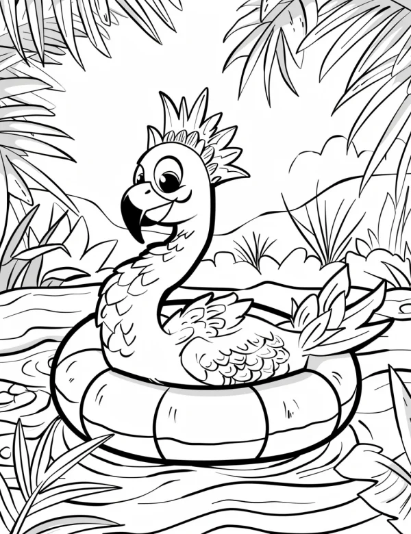 Cartoon flamingo on inflatable ring, cartoon style — free printable swimming coloring book page