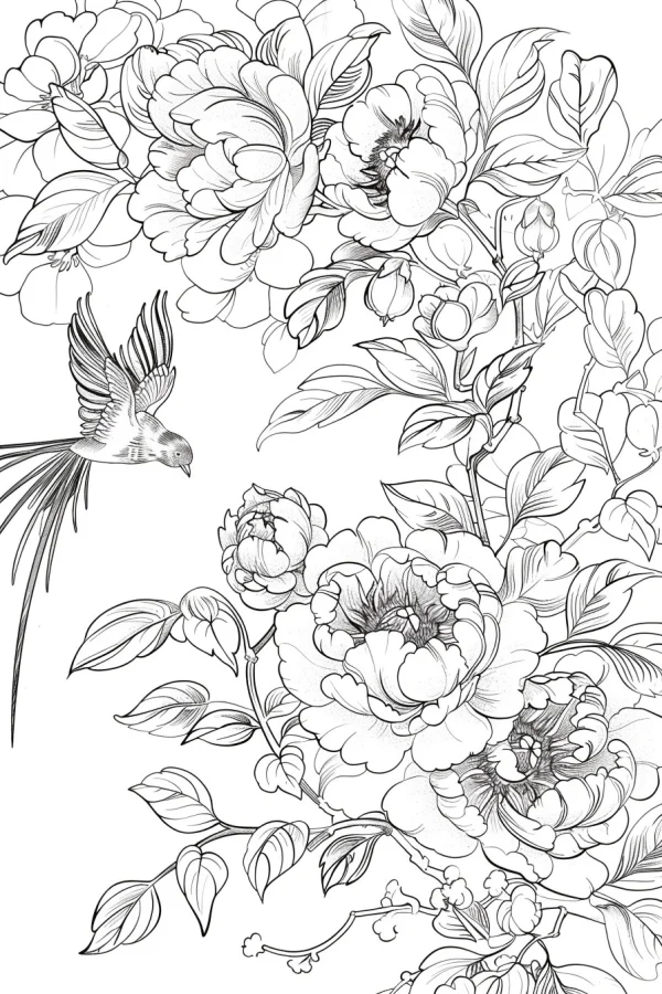 Peonies and long-tailed bird, chinese style — free printable birds coloring book page