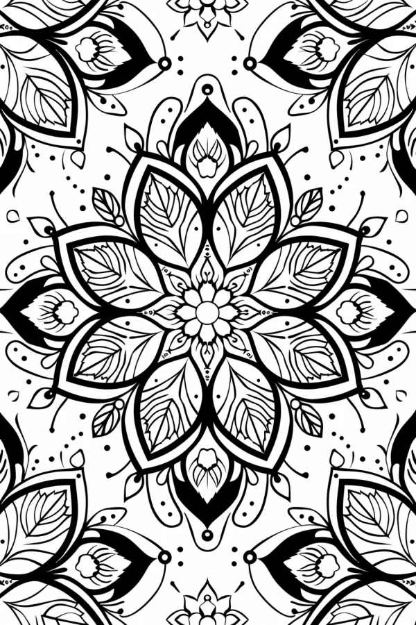 Mandala floral symmetrical pattern, zen tangle style — free printable zen coloring book page