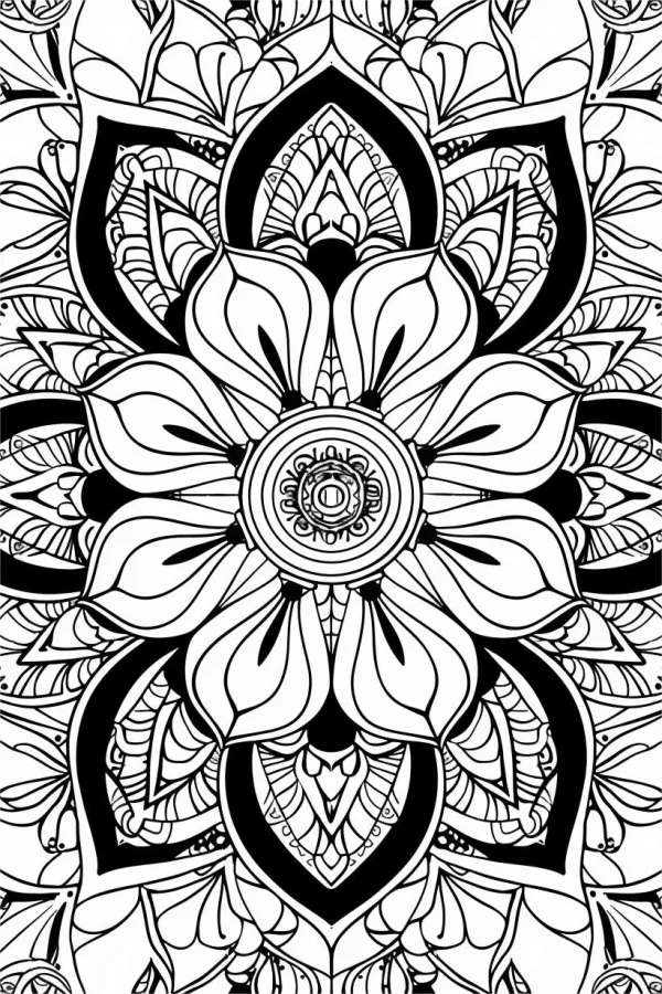 Intricate mandala pattern with symmetrical floral outlines, repeating geometric and curvilinear designs — free printable zen coloring book page