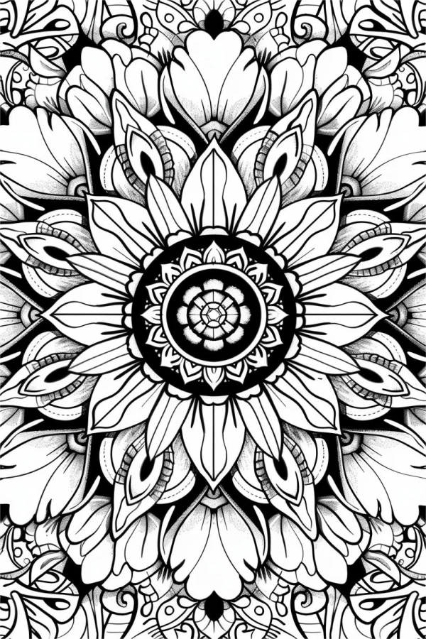 Mandala symmetrical floral pattern, zentangle style — free printable zen coloring book page