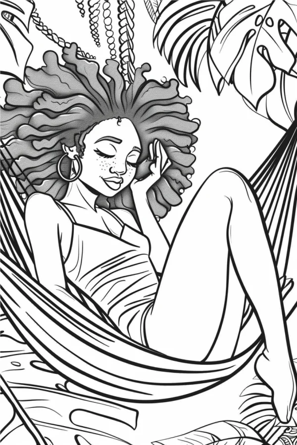 Curly-haired girl lying in hammock, cartoon style — free printable tropical plants coloring book page