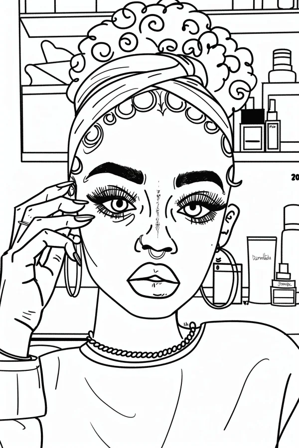 Glamorous curly-haired girl with headwrap applying makeup, realistic illustration style — free printable daily coloring book page