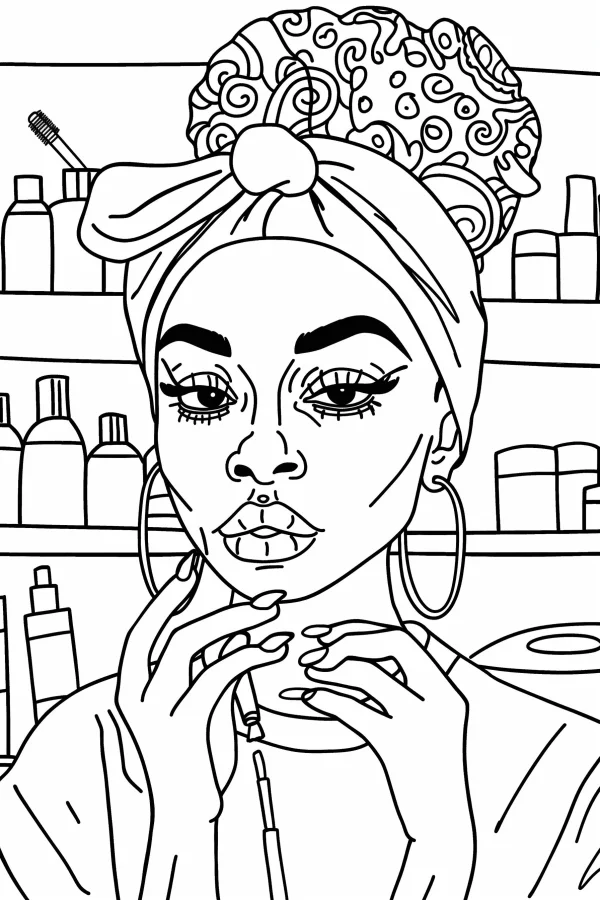 Stylish makeup woman with turban and hoop earrings, realistic line art style — free printable beauty coloring book page