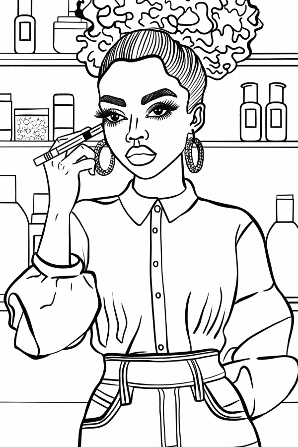 Fashionable girl applying lip gloss, cartoon style — free printable beauty coloring book page