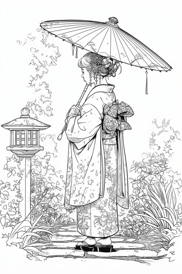 Woman in traditional kimono holding oiled paper umbrella, japanese style — free printable daily scene coloring book page