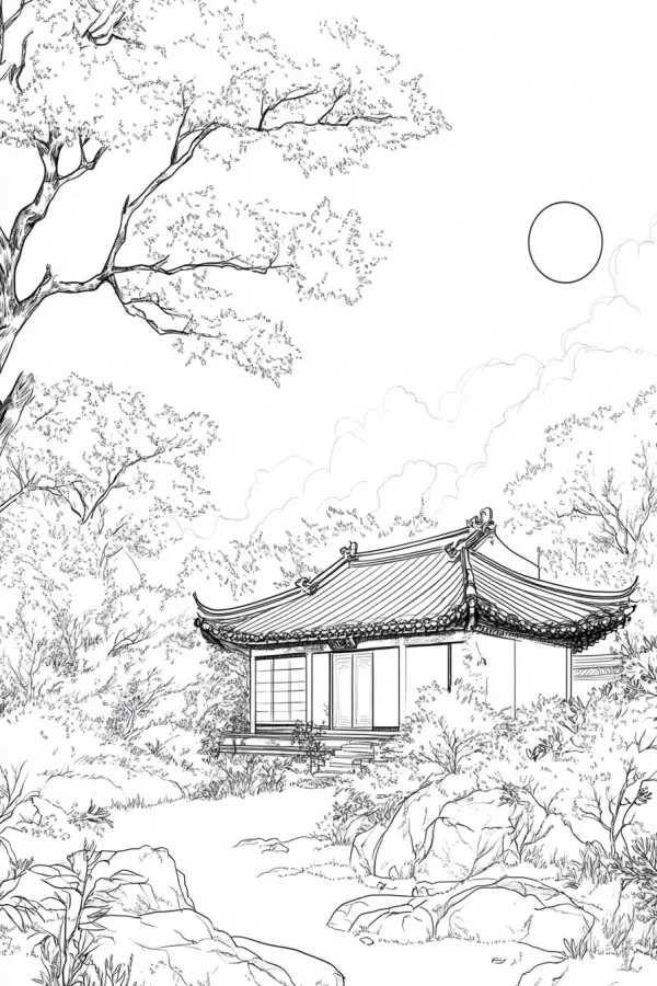 Coloring book page, traditional chinese mountain cottage in natural landscape — free printable traditional architecture coloring book page