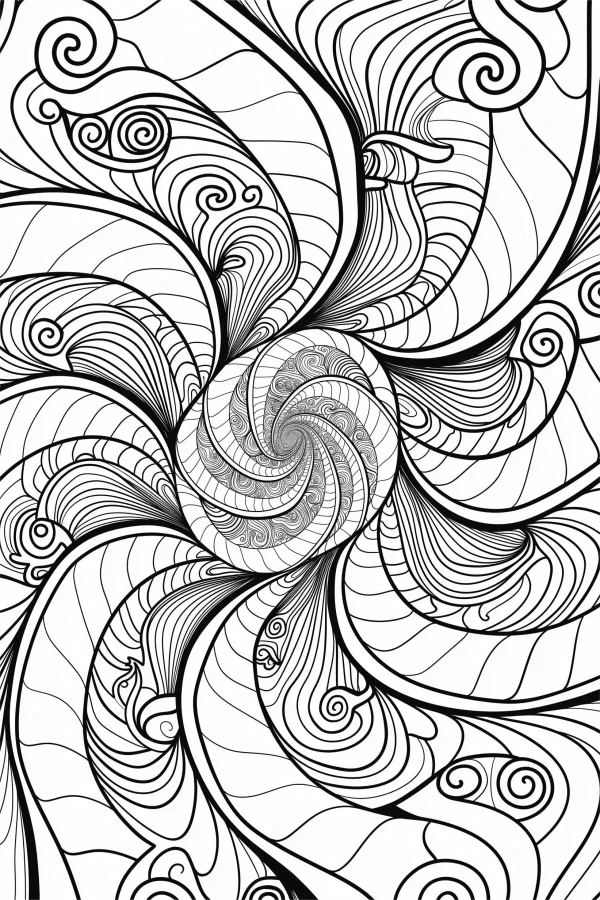 Central spiral zentangle pattern, zentangle art style — free printable order coloring book page