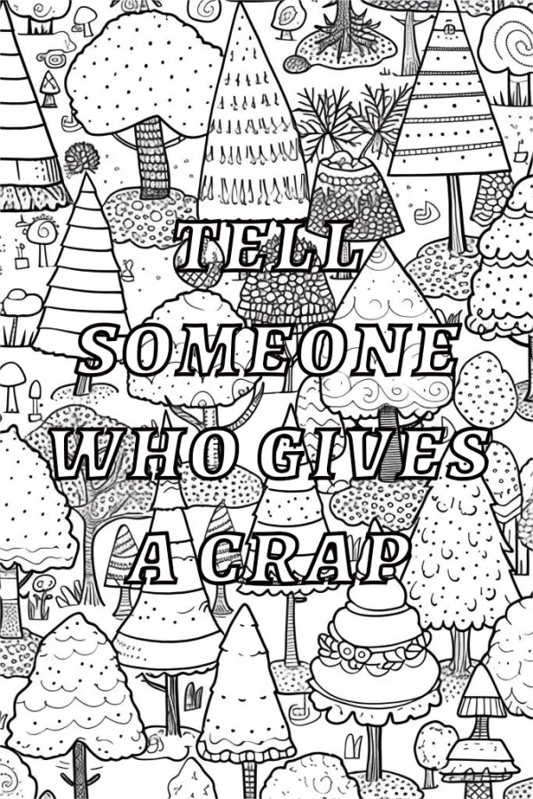 Forest with various stylized trees, mushrooms and tiny houses — free printable parody coloring book page