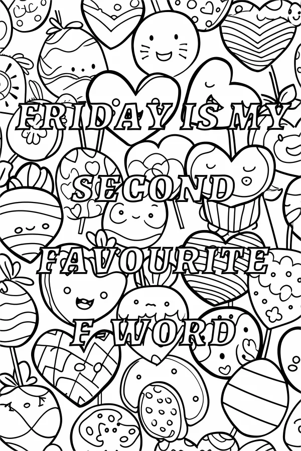 Cute anthropomorphic desserts and hearts, cartoon style — free printable cute coloring book page