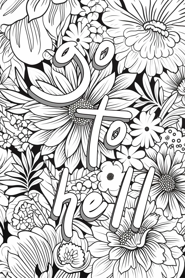 Intricate dense floral patterns with 'go to hell' decorative art text, dark decorative art style — free printable dark coloring book page