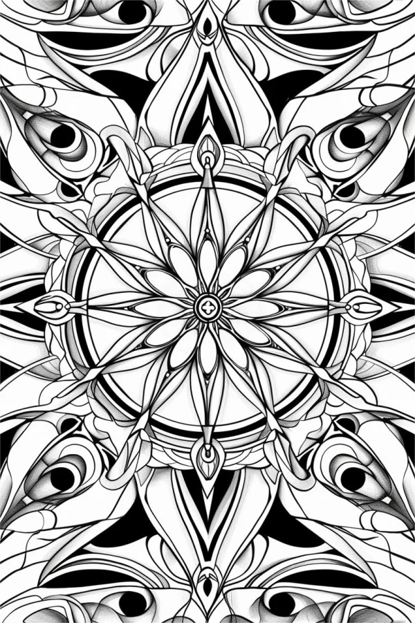 Coloring book page, abstract mandala pattern with eye motifs — free printable mystery coloring book page