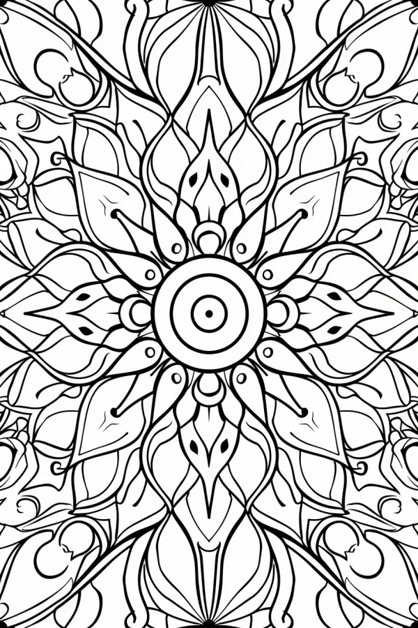 Symmetrical mandala abstract pattern, abstract art style — free printable order coloring book page