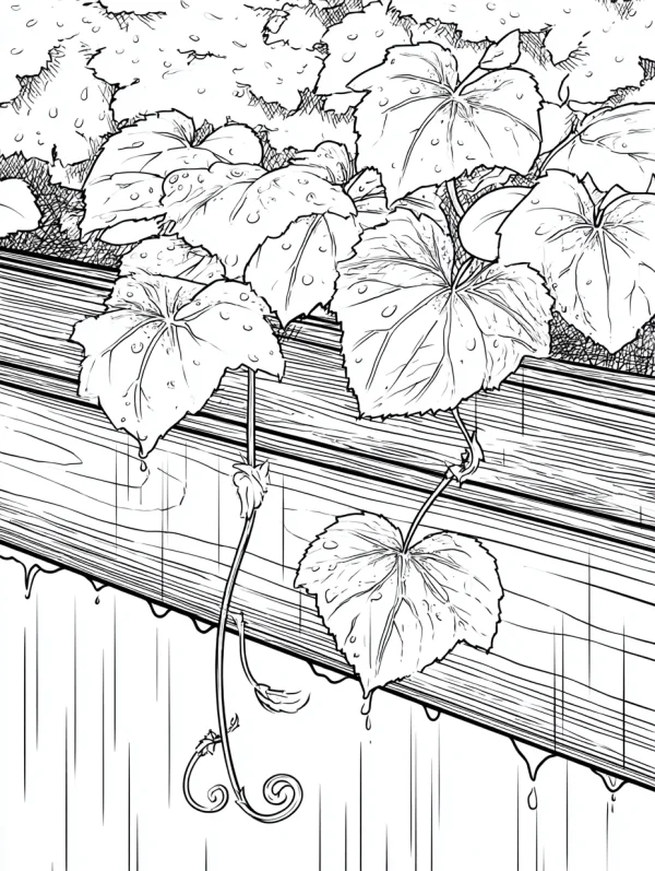 Vine leaves with raindrops on wooden railing, sketch style — free printable rainy season coloring book page