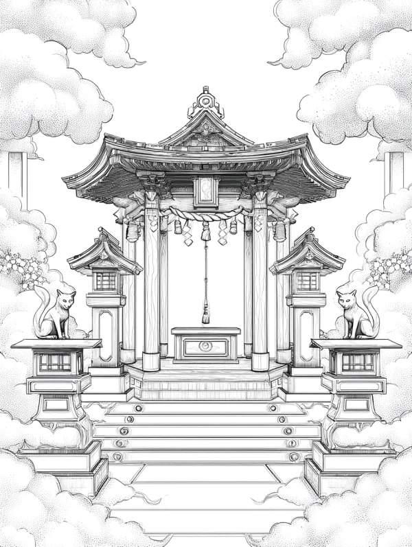 Traditional japanese shrine with guardian cats on stone lanterns, japanese style — free printable traditional architecture coloring book page