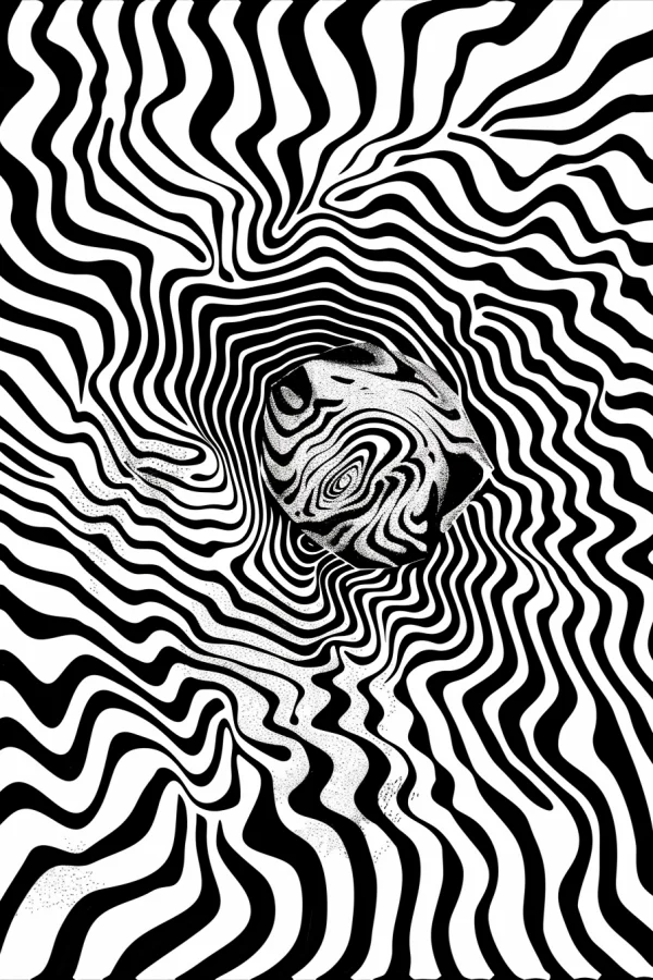 Spiral ripple 3d sphere, abstract psychedelic style — free printable surreal coloring book page