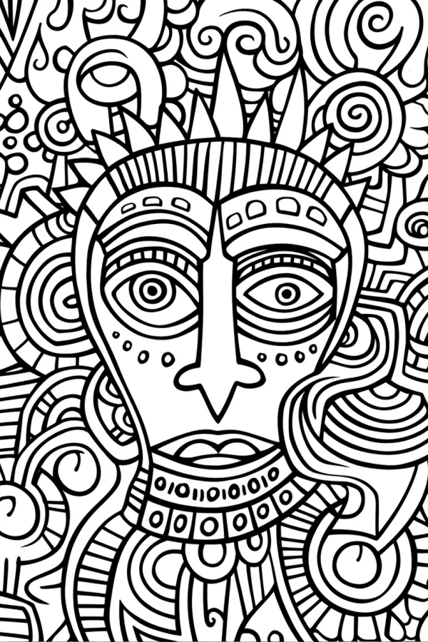 Aztec-style totem face, intricate tribal patterns with spirals and geometric lines — free printable totem culture coloring book page