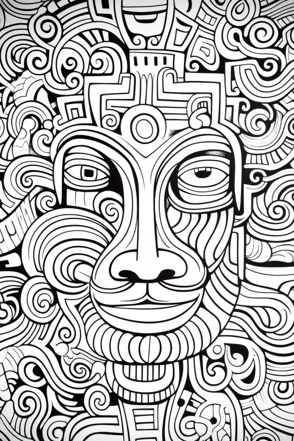Mayan style face totem, tribal cultural art style — free printable maya coloring book page
