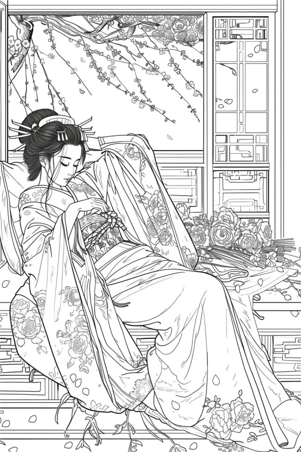 Kimono-clad woman resting by traditional japanese wooden window, japanese classic style — free printable classical coloring book page
