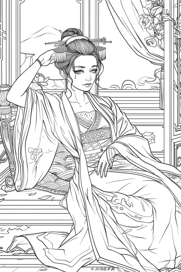 Ancient chinese lady in traditional hanfu, chinese style — free printable classical scene coloring book page