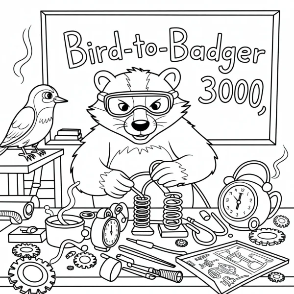 Cartoon badger scientist with goggles and a bird, laboratory scene filled with tools — free printable handmade diy coloring book page