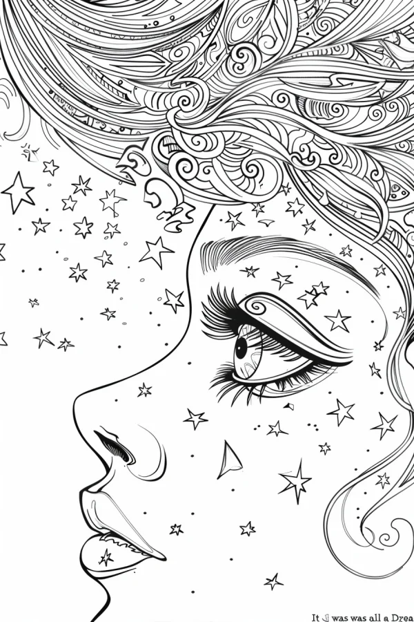Coloring book page, profile of a woman with star decorations on face — free printable starry sky coloring book page