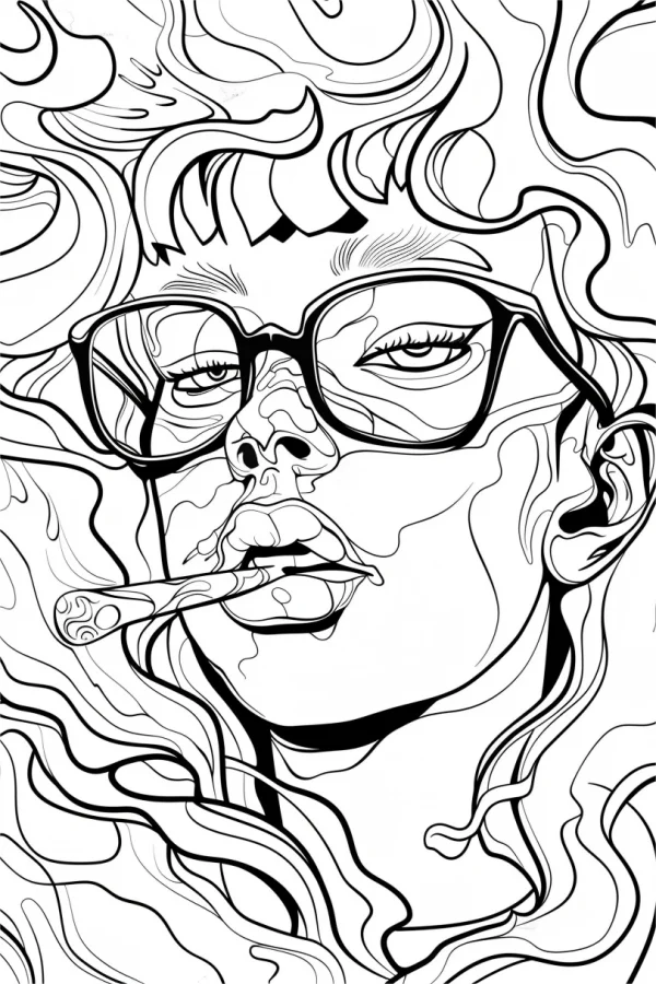 Woman with glasses holding a cigarette, surrounded by swirling smoke — free printable cultural theme coloring book page