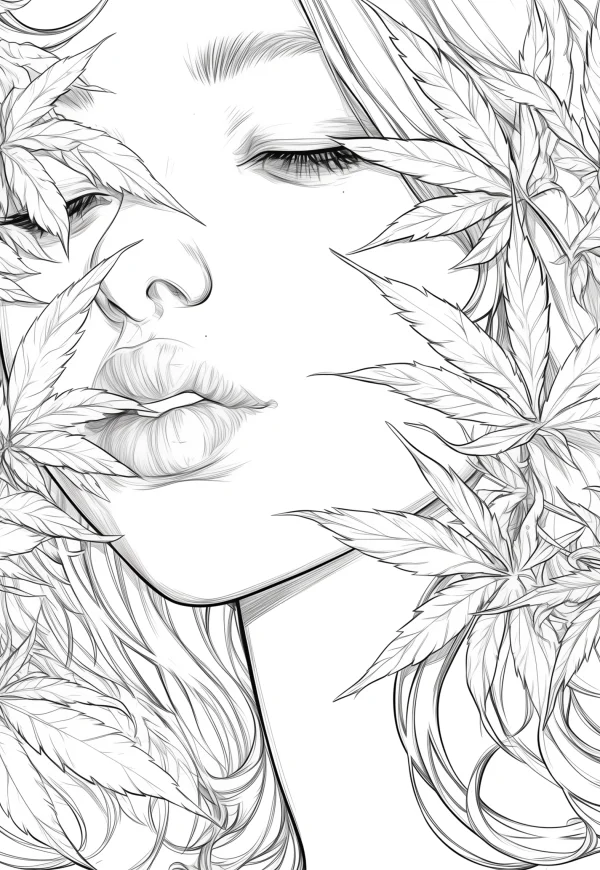 Close-up of a woman's face surrounded by cannabis leaves, realistic illustration style — free printable portrait coloring book page