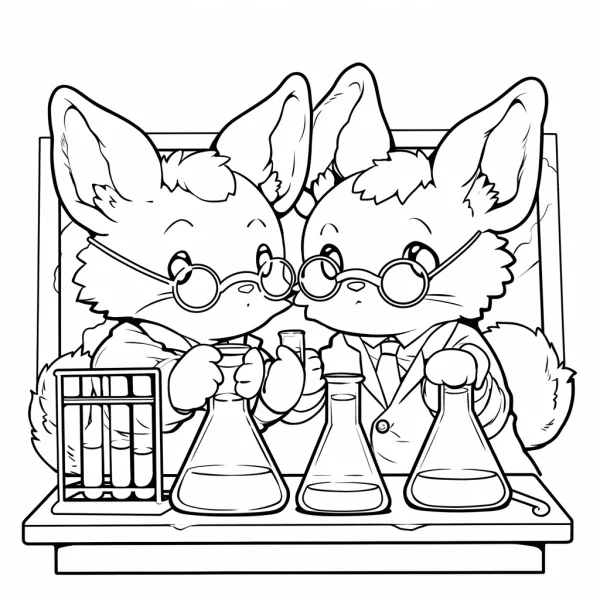 Two fox scientists doing experiments in lab, cartoon style — free printable scientists coloring book page