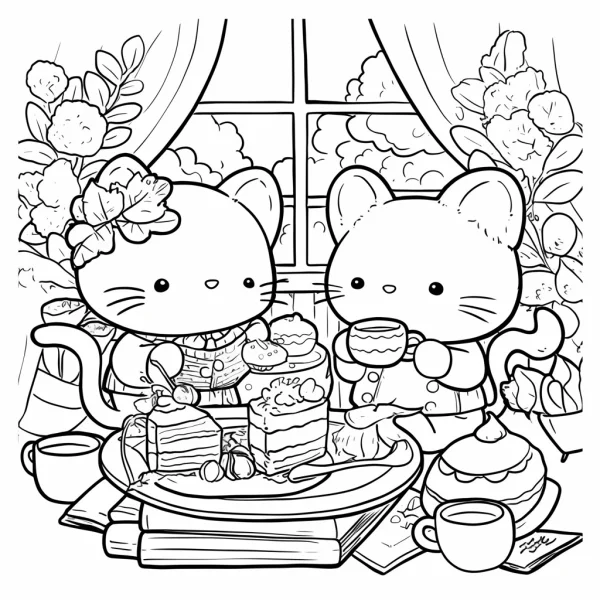 Cartoon cats having afternoon tea, cartoon style — free printable afternoon tea coloring book page