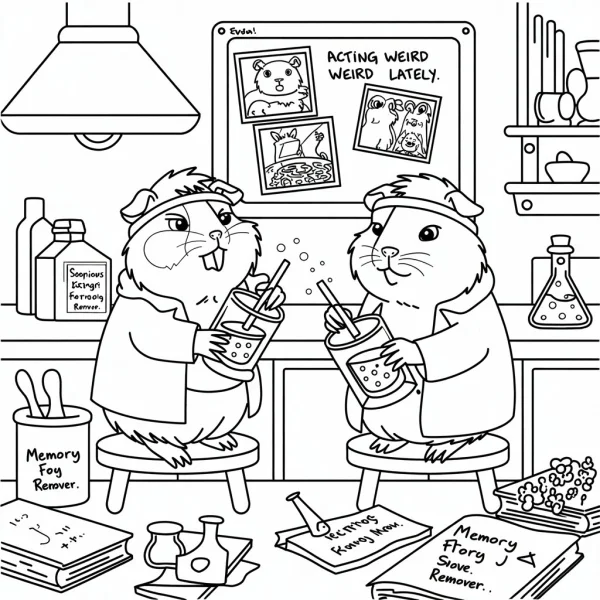 Anthropomorphic hamsters in a laboratory, cartoon style — free printable laboratory coloring book page