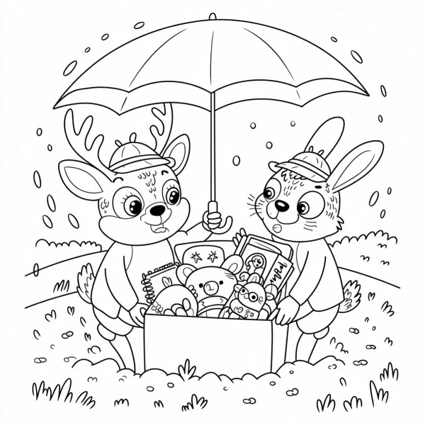 Cute deer holding umbrella and rabbit with toy box in rainy day, cartoon style — free printable rainy days coloring book page