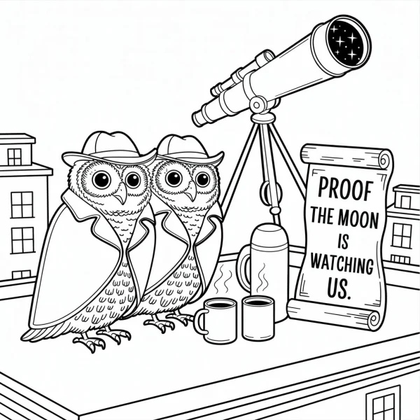 Two detective owls wearing trench coats and hats, standing on a city rooftop with a telescope — free printable detective coloring book page