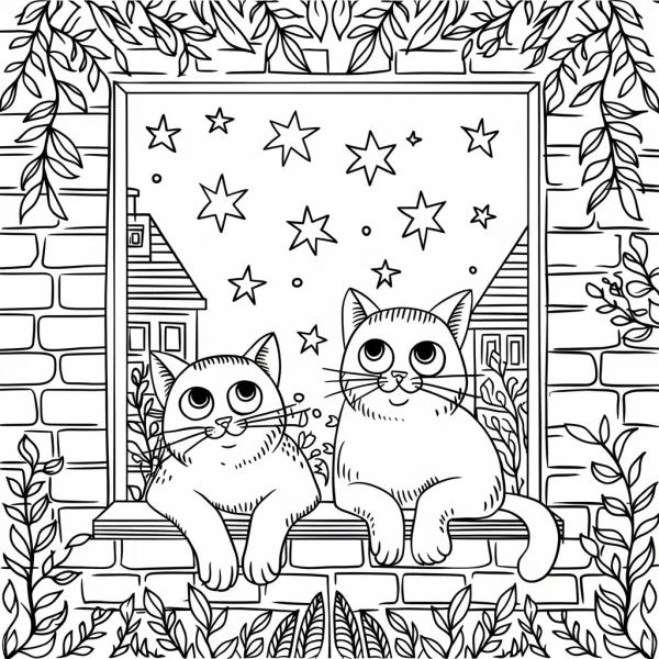 Two cartoon cats on windowsill, cartoon style — free printable cozy daily life coloring book page