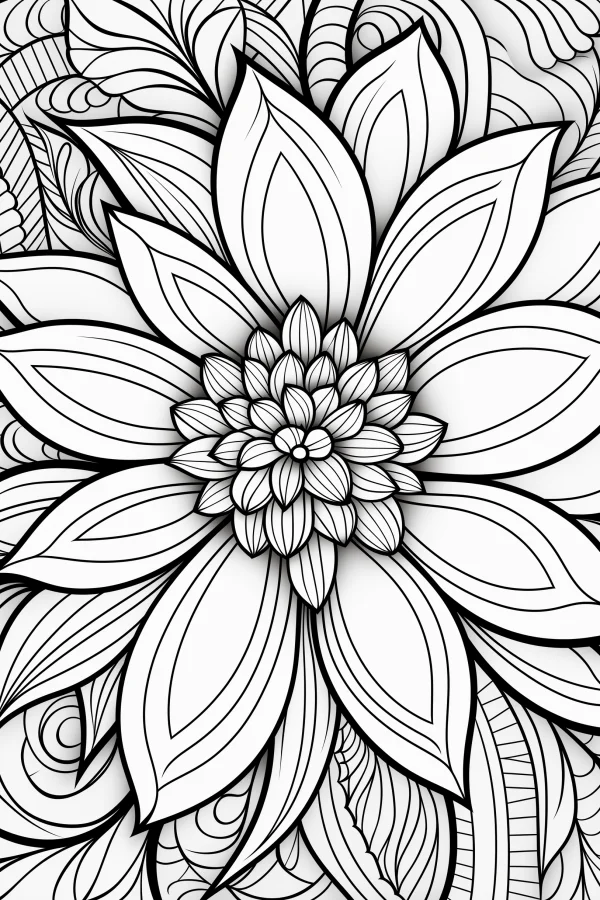 Mandala-style flower, intricate symmetrical floral patterns with leaves and spirals — free coloring book page