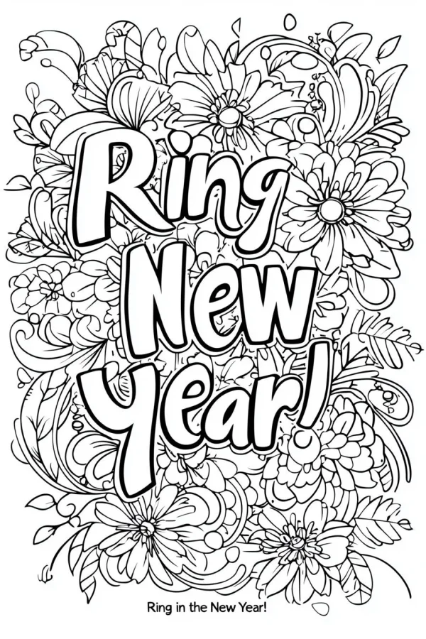 New year themed art words 'ring new year!' surrounded by intricate floral and vine patterns, decorative art style — free printable new year coloring book page
