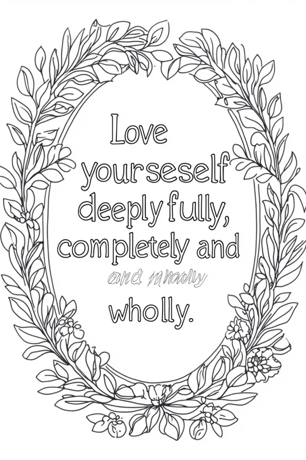 Motivational quote 'love yourself deeply fully, completely and wholly' framed by an oval floral wreath with leaves and small flowers — free printable self-care coloring book page