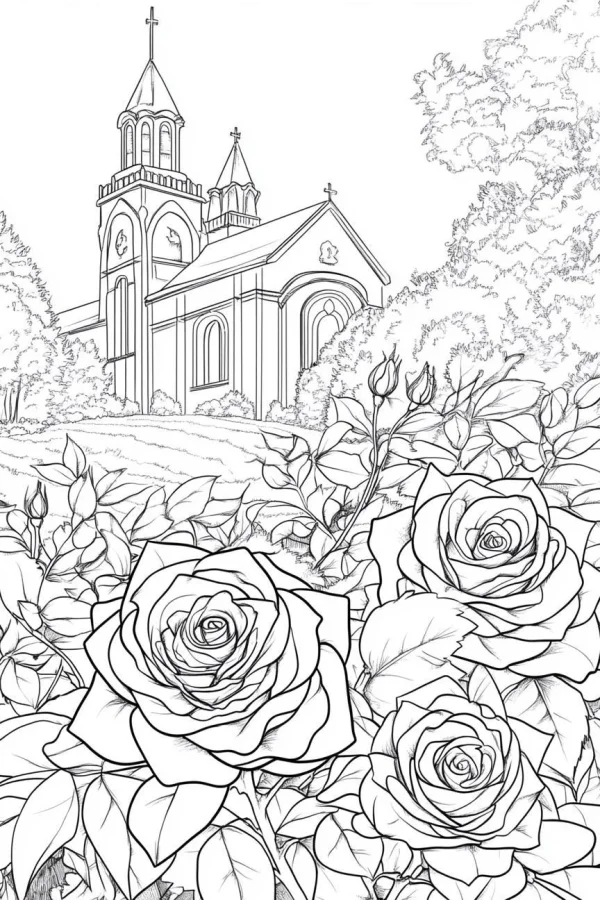 Foreground roses with a western church in the background, realistic sketch style — free printable euro-american culture coloring book page